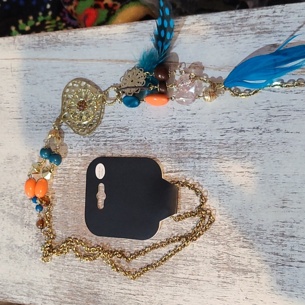 3/$18 Goldtone Necklace with Colored Beads and Feathers - New - Lot 711